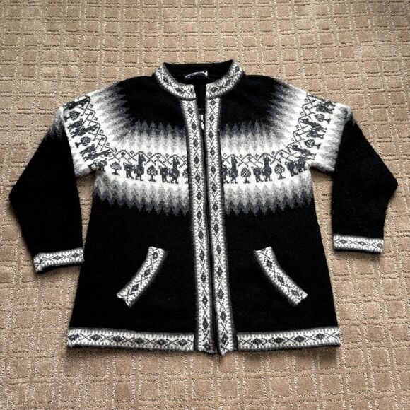 Llamas Alpaca Wool Knitted Zip Up Cardigan Sweater Fair Isle Women Medium Black - Picture 1 of 9